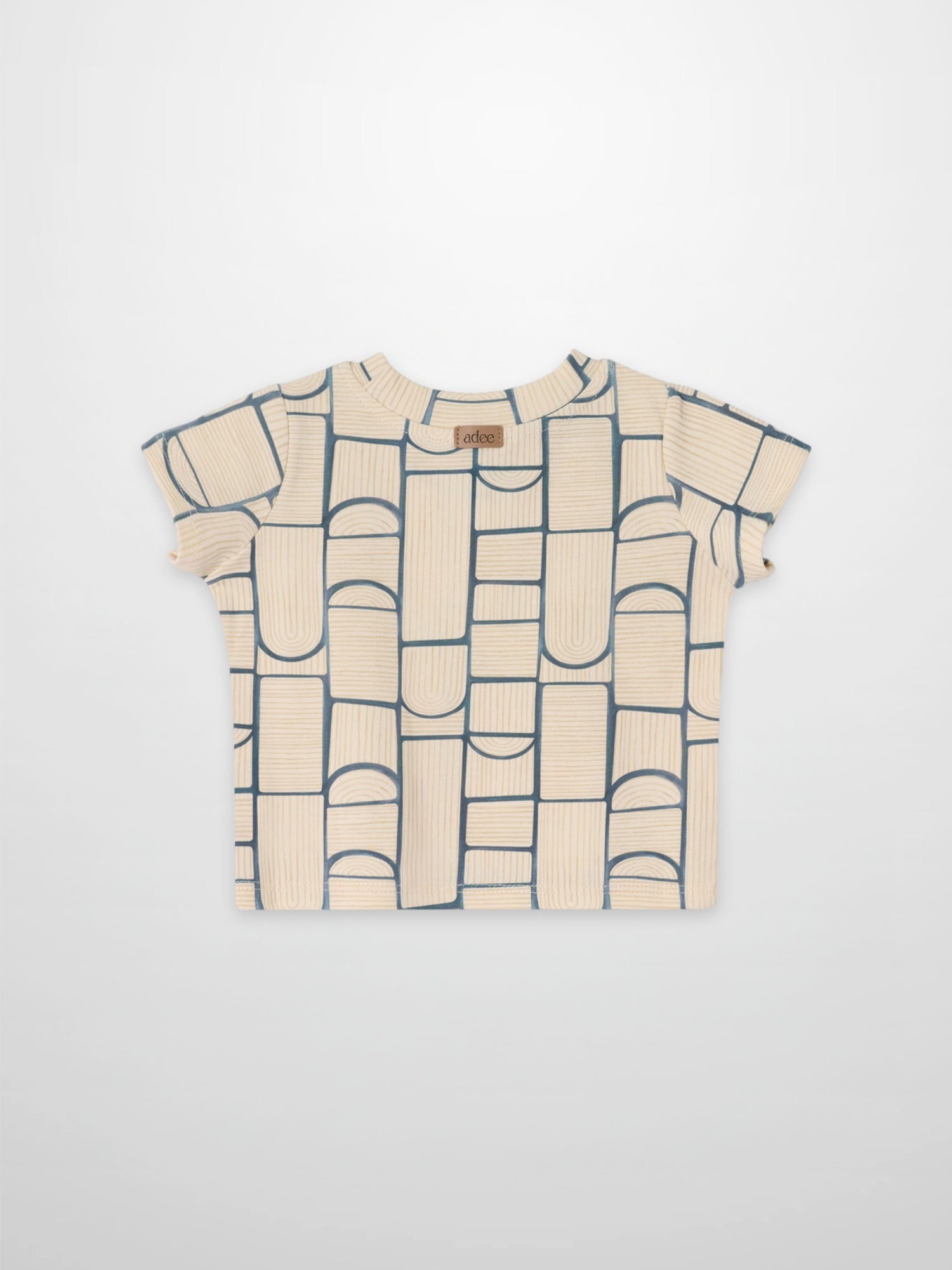 Abstract T-shirt for boys; beige base with light-blue geometric block pattern, Adee.