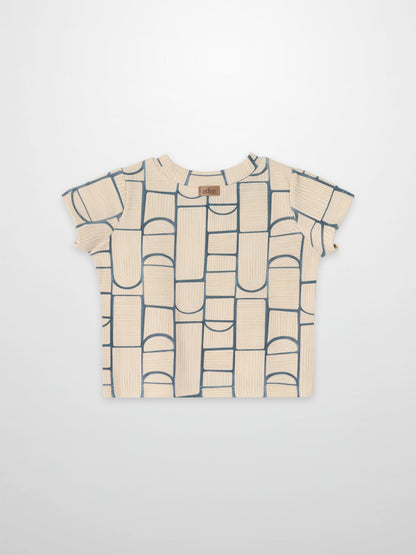 Abstract T-shirt for boys; beige base with light-blue geometric block pattern, Adee.