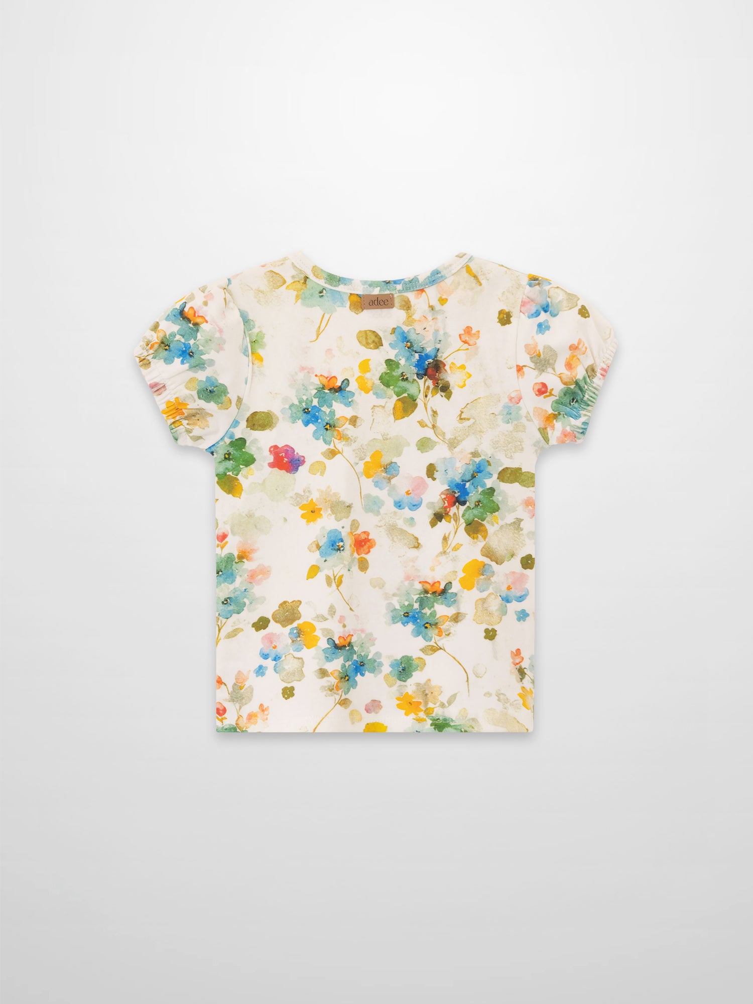 Pastel Flower Short Puff Sleeve T-shirt for girls by Adee, white with pastel floral print.