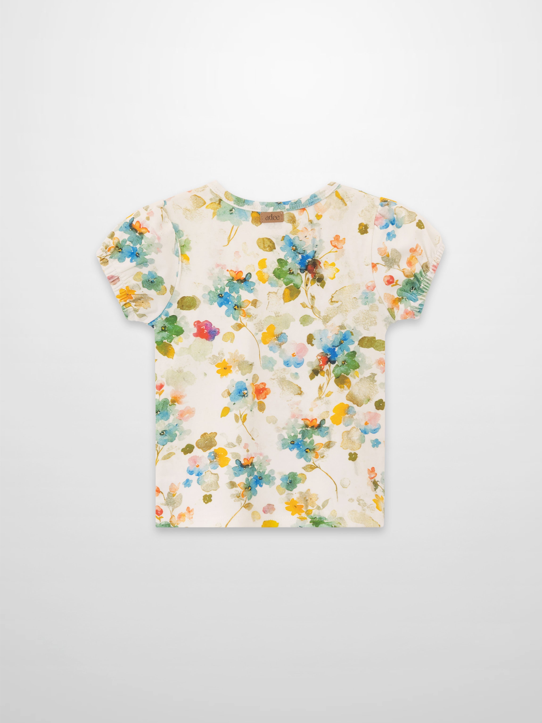 Pastel Flower Short Puff Sleeve T-shirt for girls by Adee, white with pastel floral print.
