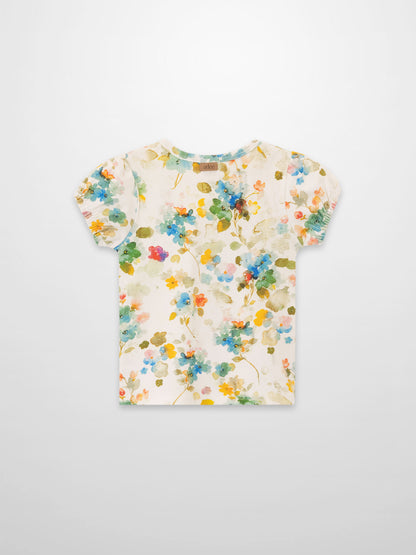 Pastel Flower Short Puff Sleeve T-shirt for girls by Adee, white with pastel floral print.
