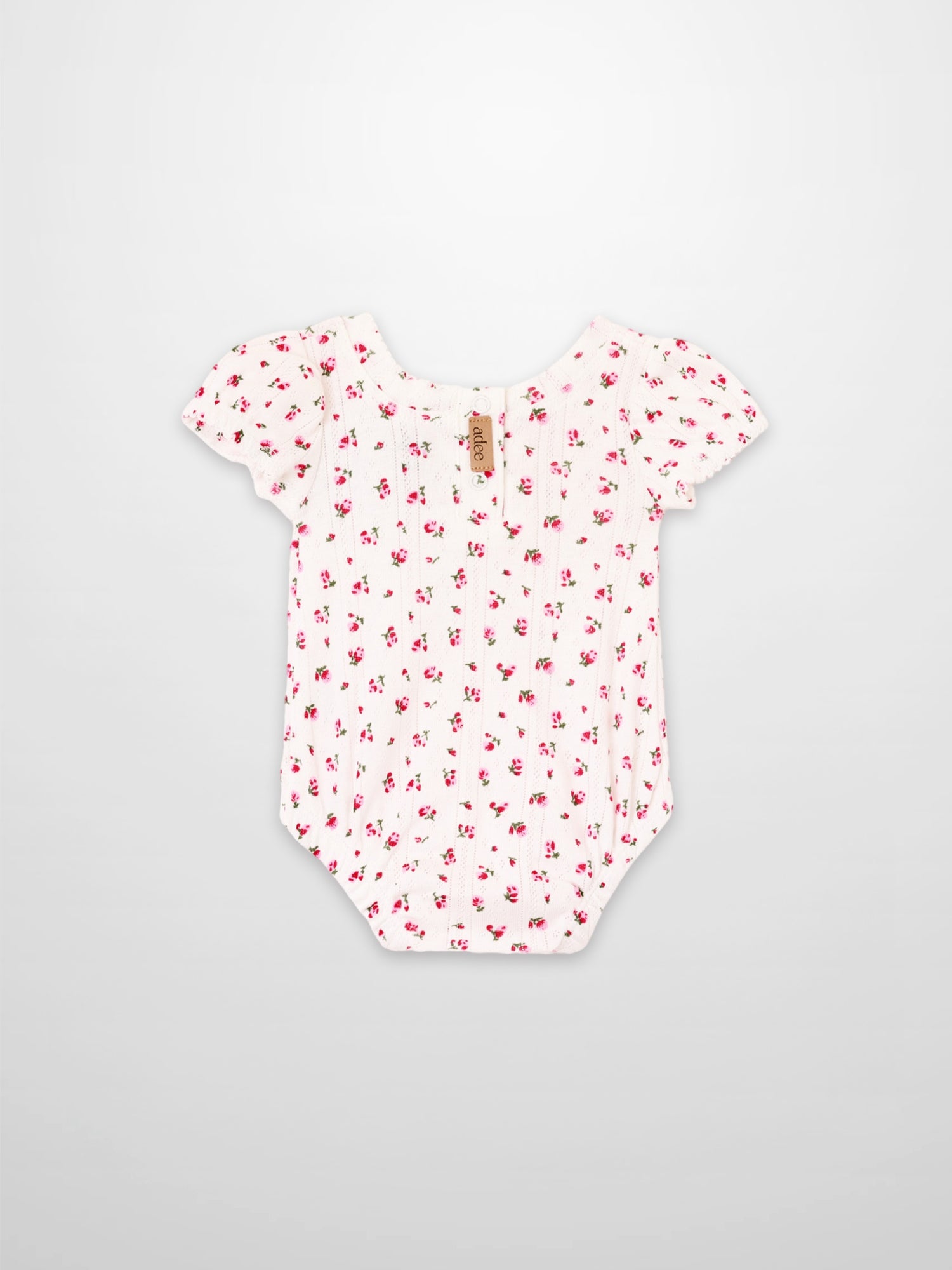 Pointelle Floral Romper for girls by Adee, white with pink floral print