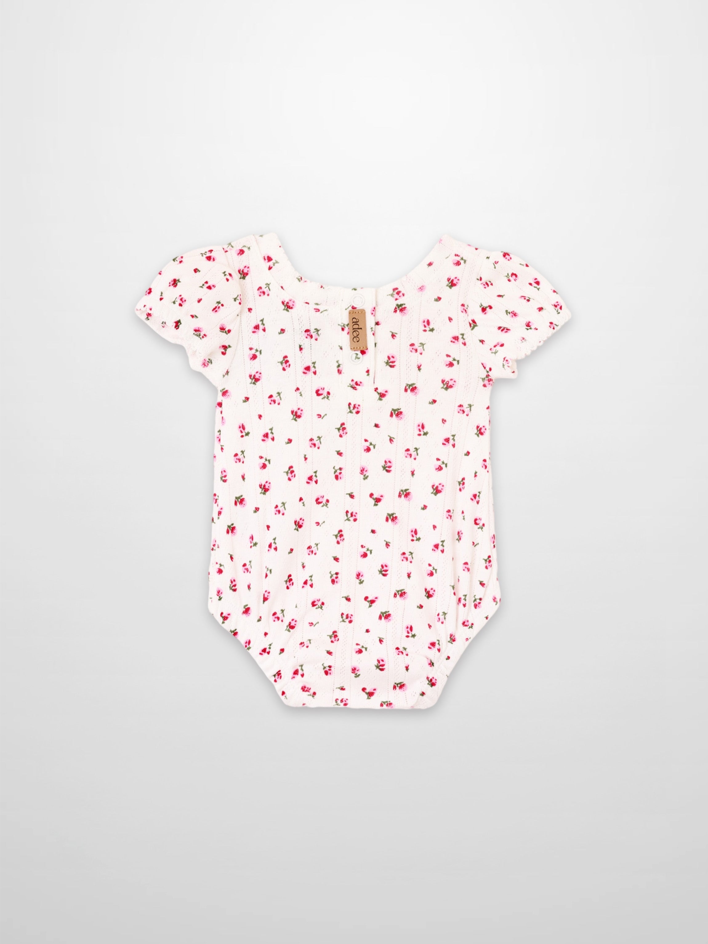 Pointelle Floral Romper for girls by Adee, white with pink floral print