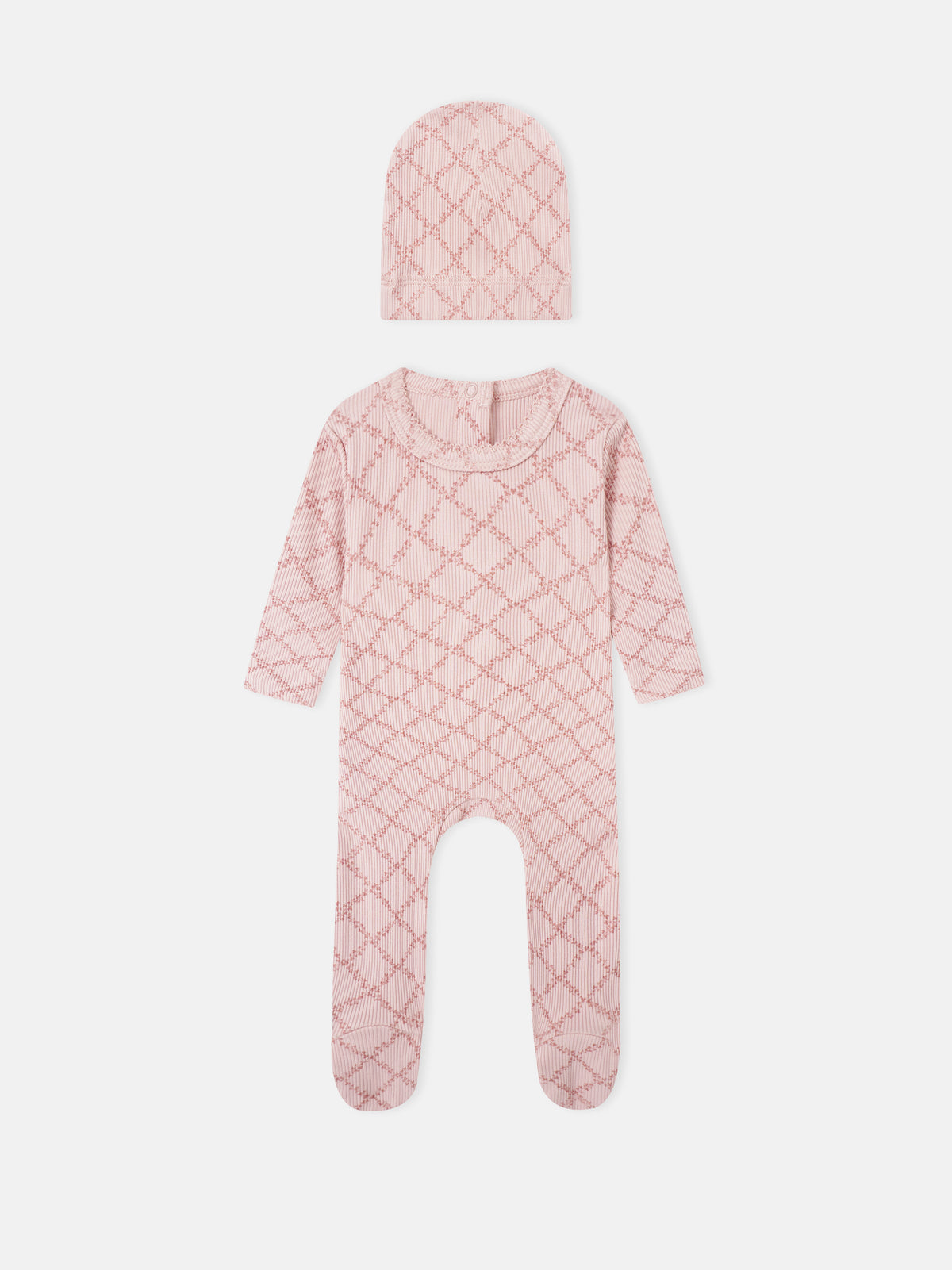 Adee Pink Leaf two-piece layette set for girls; knit hat and footed romper in pink lattice pattern.