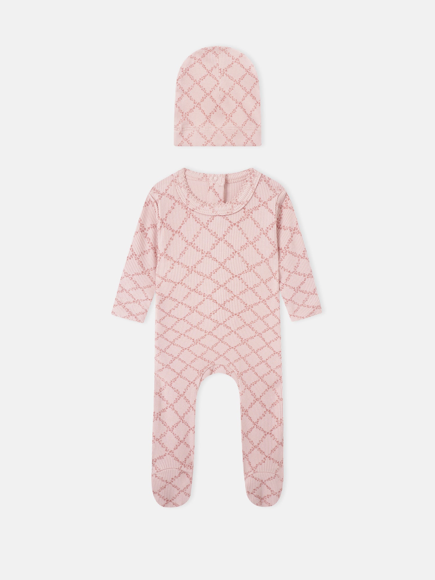 Adee Pink Leaf two-piece layette set for girls; knit hat and footed romper in pink lattice pattern.