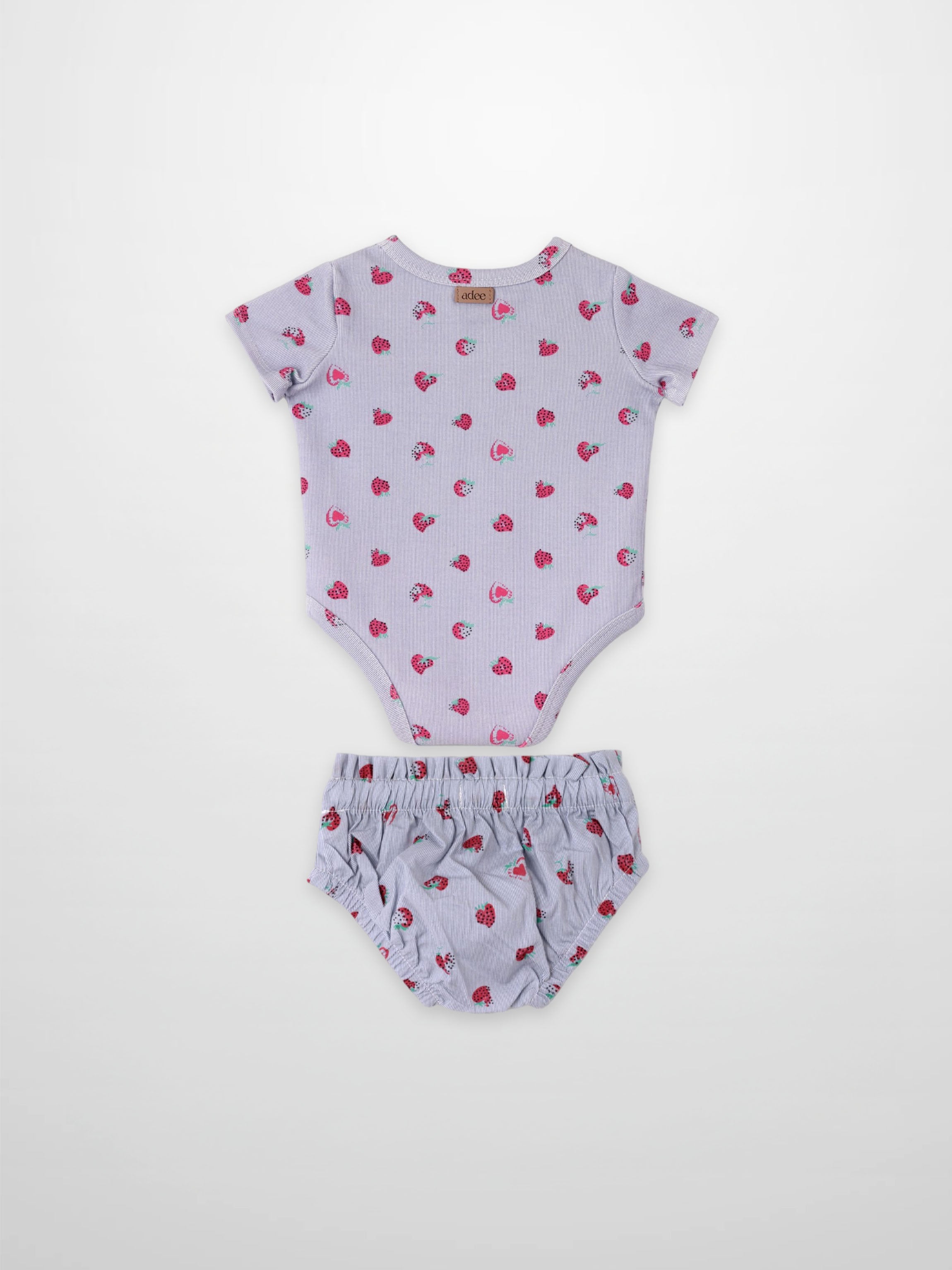 Adee Strawberry Bloomers Set; lavender knit top with strawberry print and matching bloomers