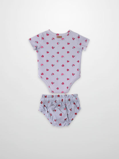 Adee Strawberry Bloomers Set; lavender knit top with strawberry print and matching bloomers
