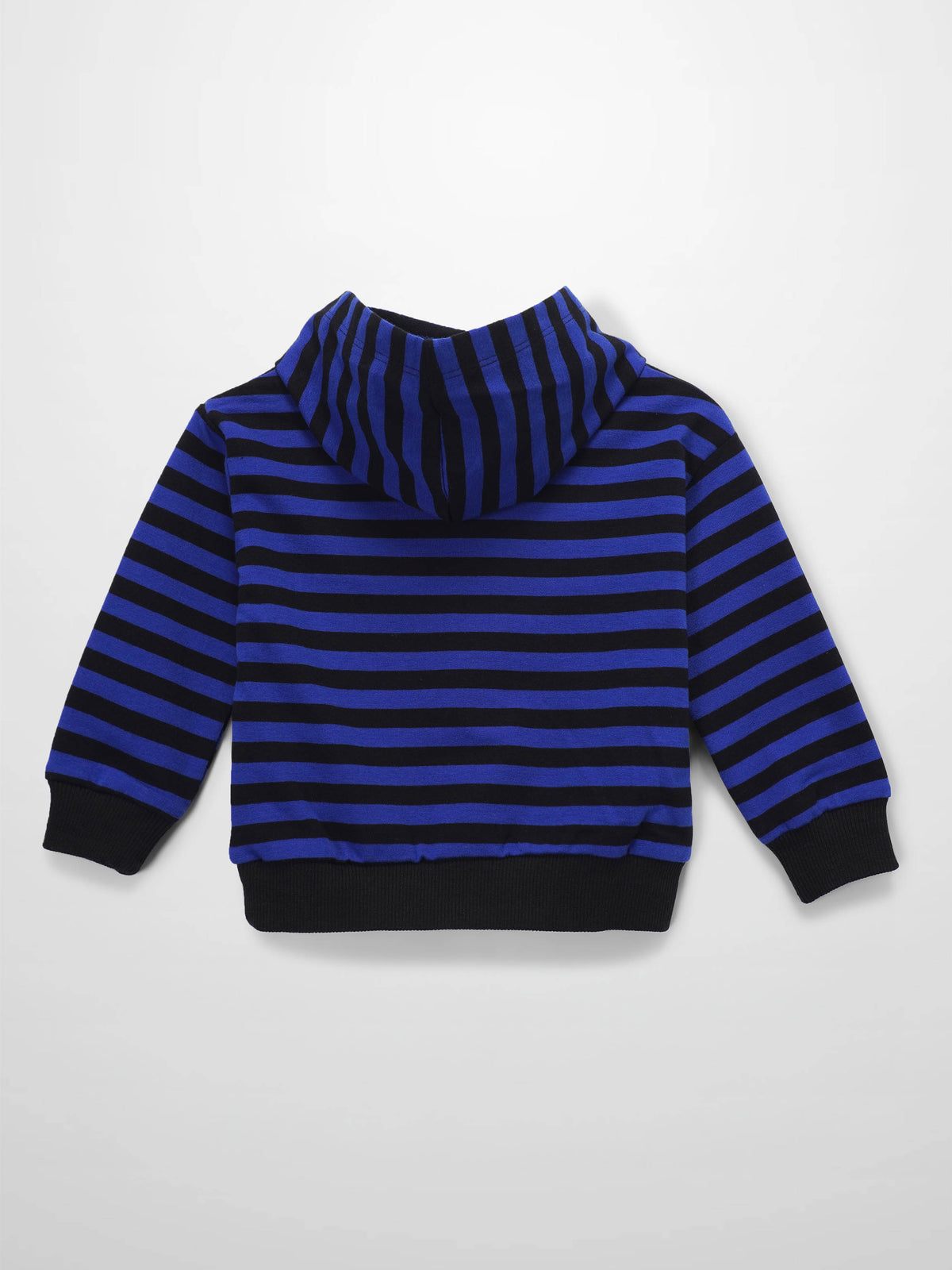 Back view of a blue and black striped hoodie sweatshirt with black cuffs and hem.