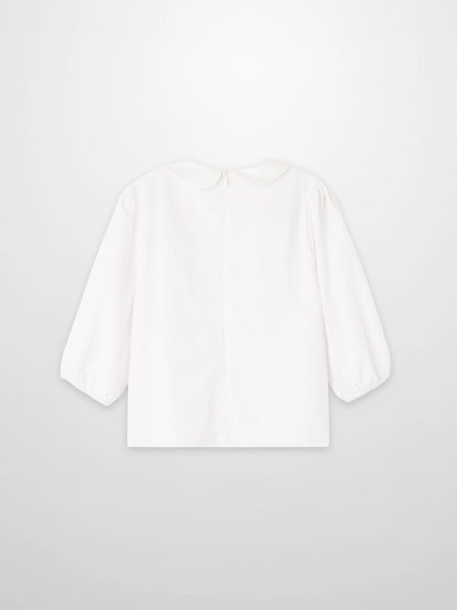 Embroidered Flower Shirt for girls, white dressy T-shirt with long puff sleeves by Adee.