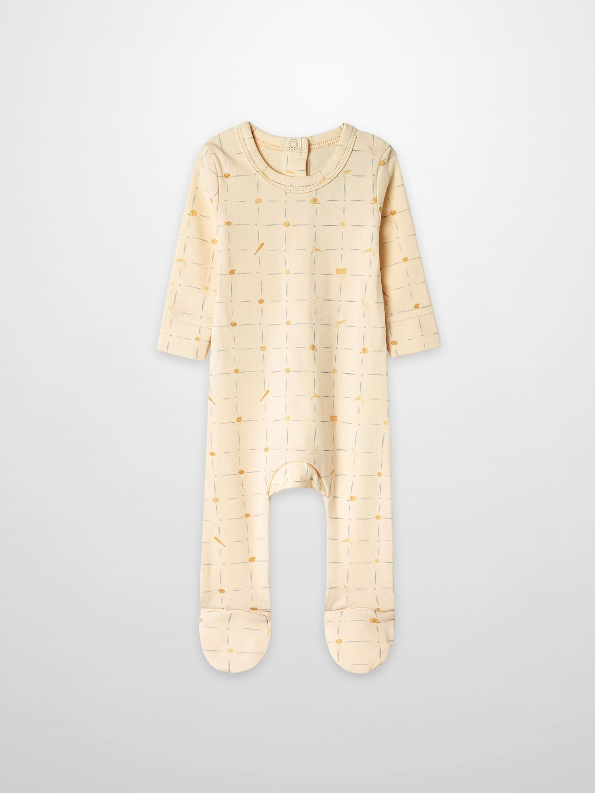 Grand Slam Stretchy Boys Stretchies romper in cream with thin pale blue strokes and orange dots.