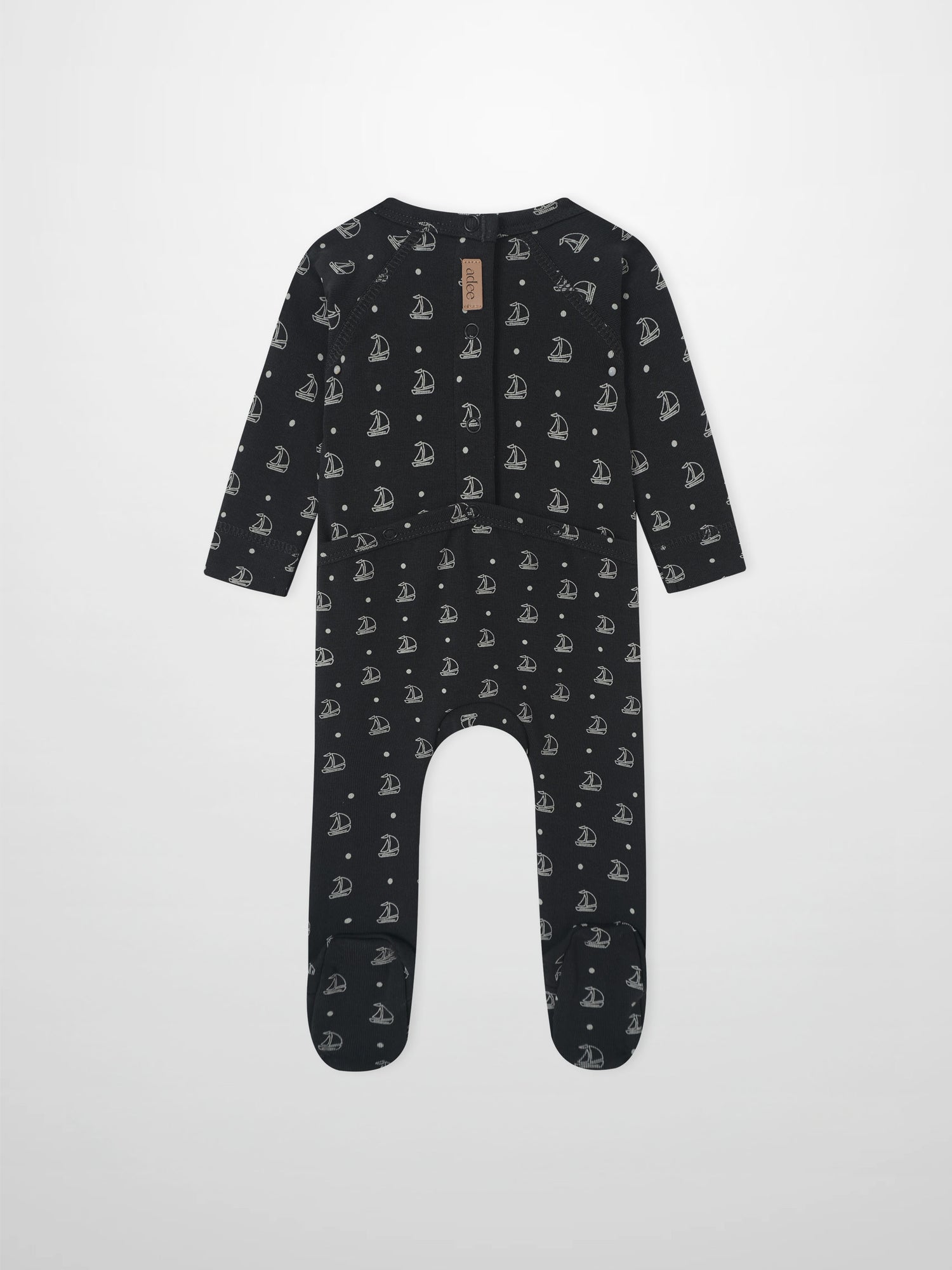 Harbor Dot Stretchy boys romper in navy with sailboats and dots pattern by Adee