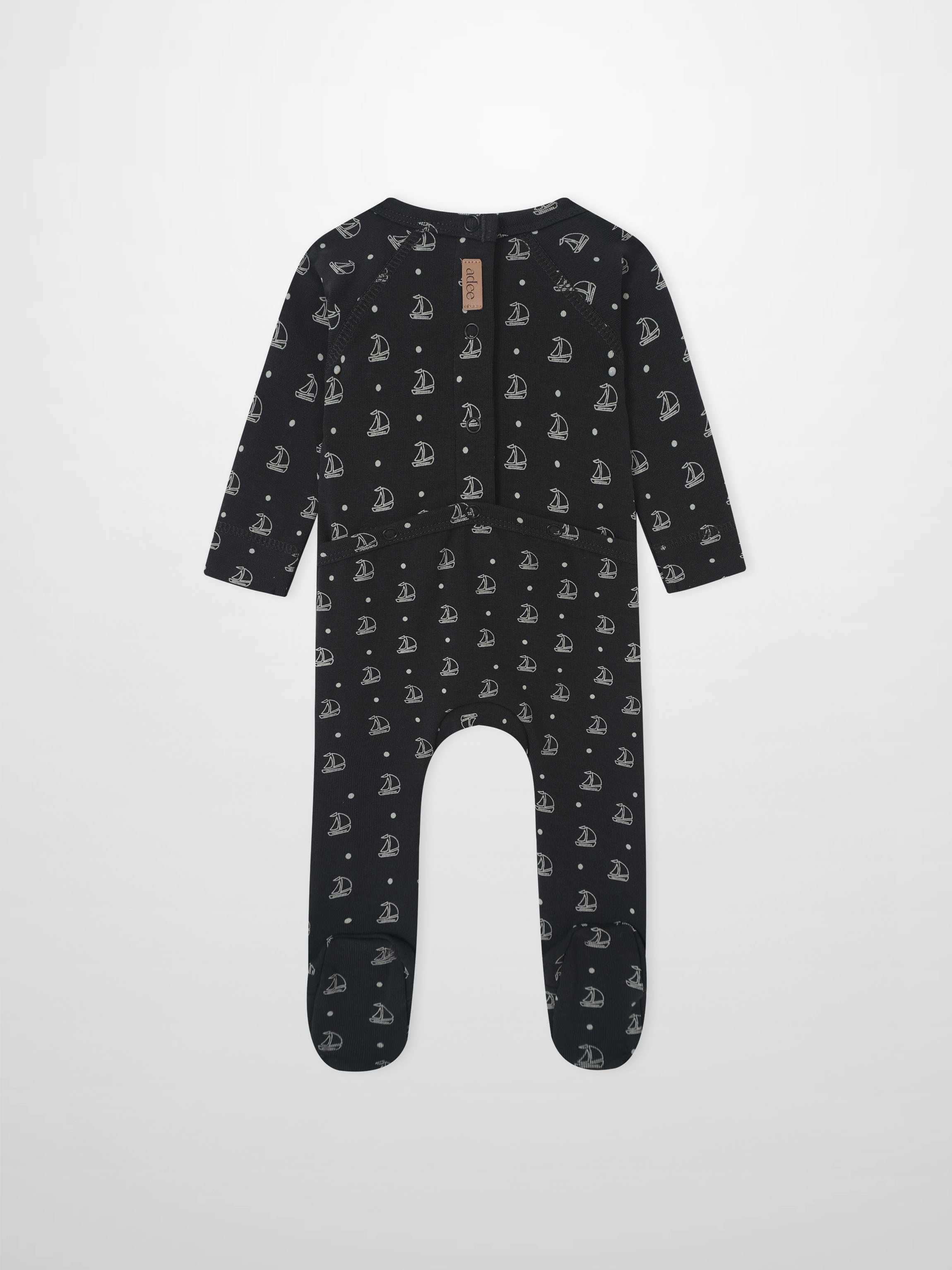 Harbor Dot Stretchy boys romper in navy with sailboats and dots pattern by Adee