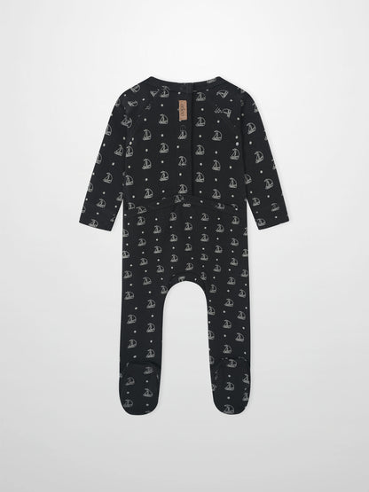 Harbor Dot Stretchy boys romper in navy with sailboats and dots pattern by Adee