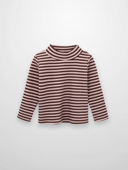 Striped Mock Neck T-Shirt - Brown &amp; Pink