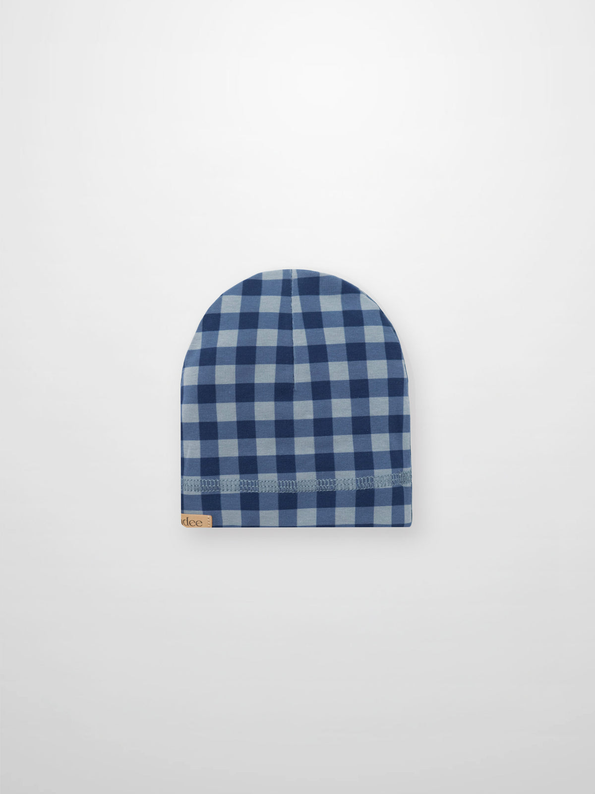Blue gingham baby beanie for boys with decorative stitching.