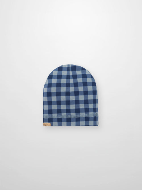 Blue gingham baby beanie for boys with decorative stitching.