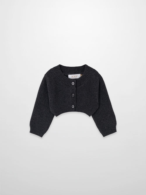 Cropped cardigan by Adee in heather grey; unisex dressy knit with front buttons.