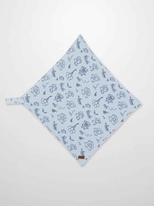 Storybook Lovey with Clip in light blue featuring dark blue carousels, teddy bears, balloons, and rocking horses.