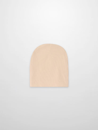 Thin ribbed tan unisex beanie, cozy knit apparel accessory