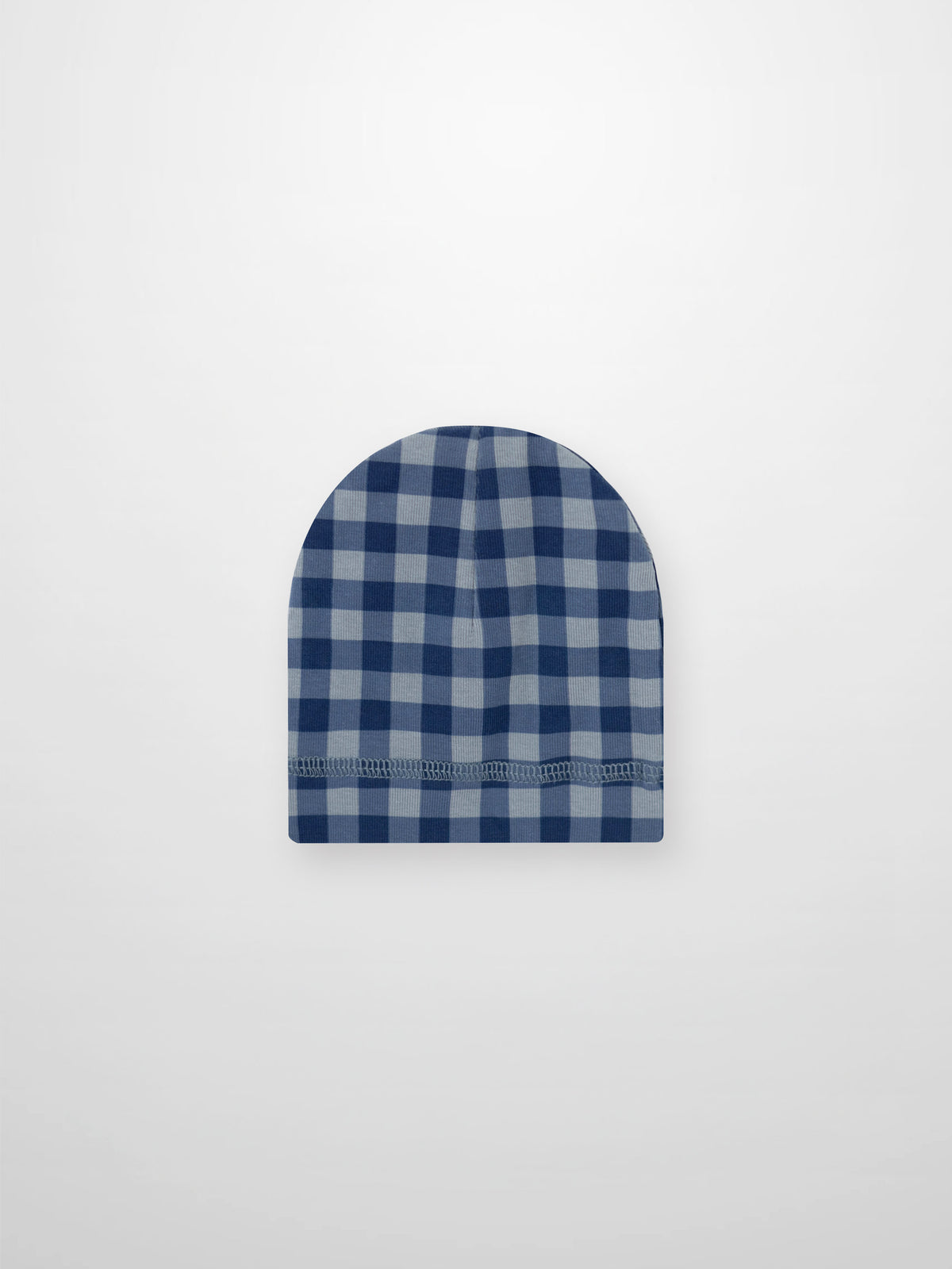 Blue gingham beanie with decorative stitching for baby boys, a cozy, soft, stylish winter hat.