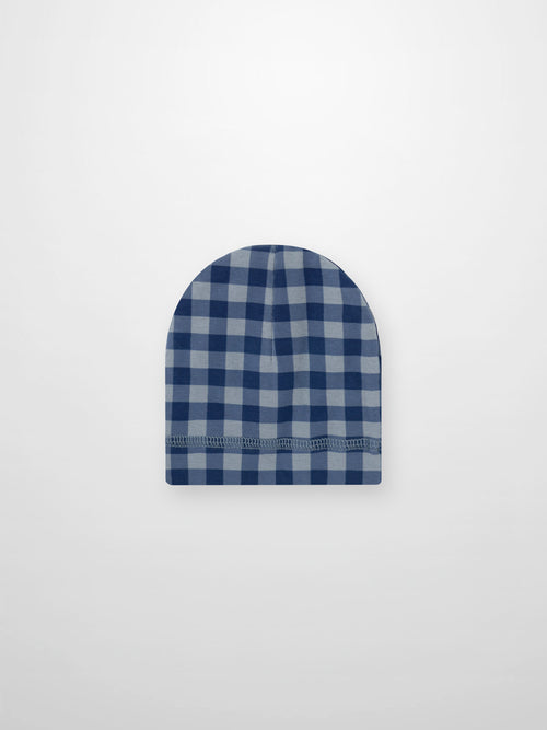 Blue gingham beanie with decorative stitching for baby boys, a cozy, soft, stylish winter hat.