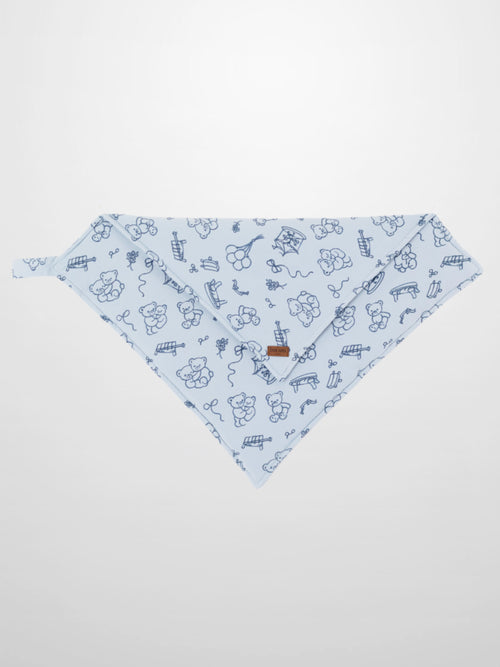 Light blue Storybook Lovey with Clip, featuring dark blue pattern of carousels, teddy bears, balloons, and rocking horses.