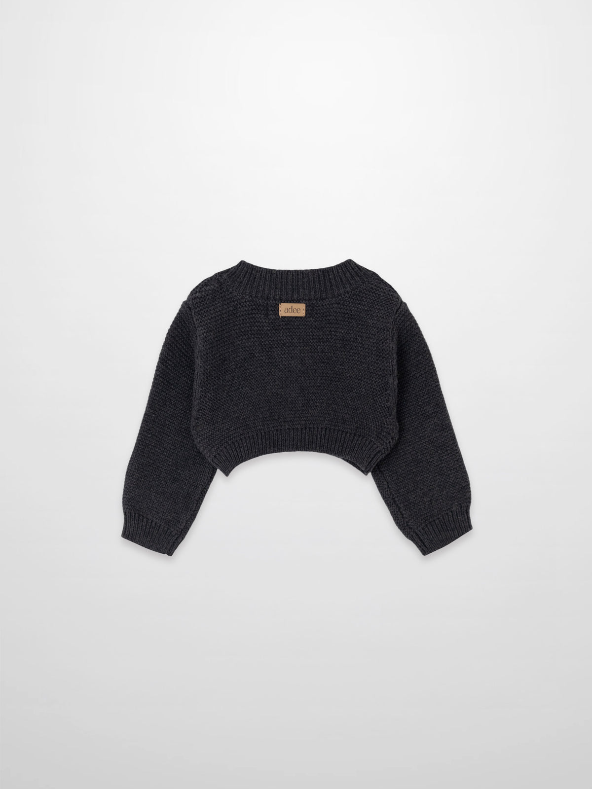 Cropped cardigan by Adee in heather grey, unisex dressy top.