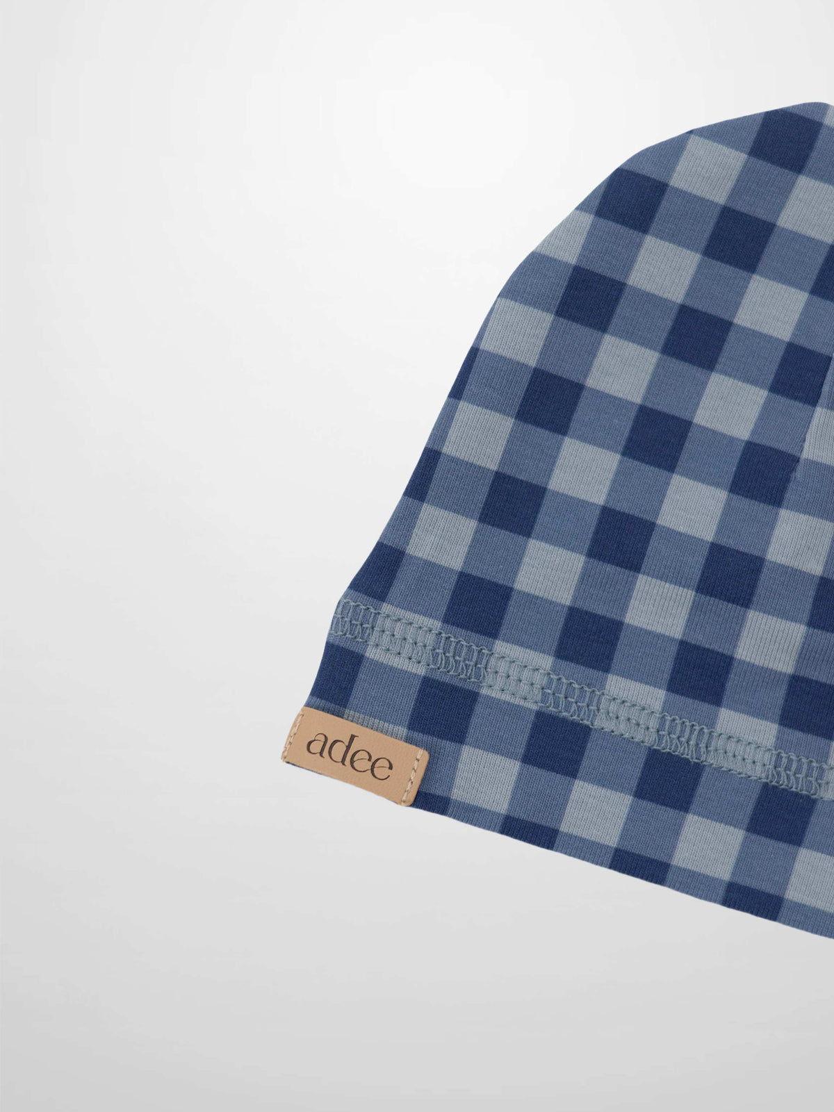 Blue gingham baby boy beanie with decorative stitching and tan label.