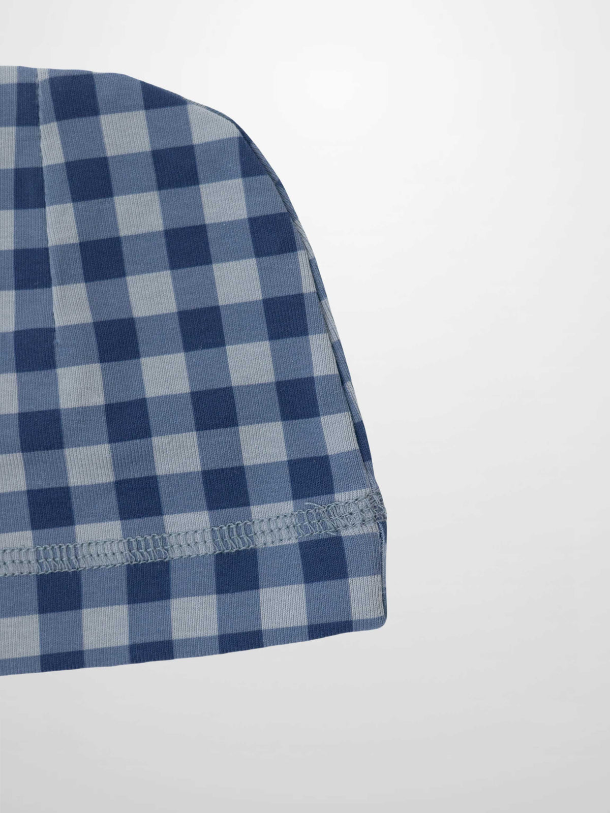 Blue gingham baby beanie with decorative stitching, soft and cozy for baby boys.