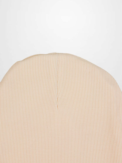 Thin ribbed tan beanie by Adee; unisex knit apparel.