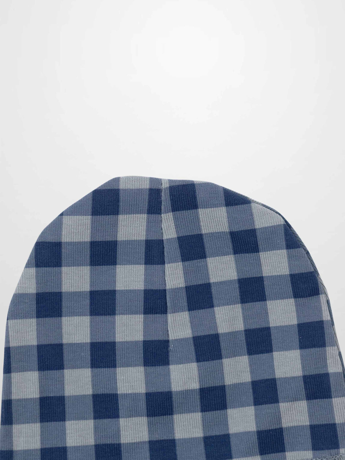 Blue gingham beanie for baby boys with decorative stitching, cozy knit in blue tones.