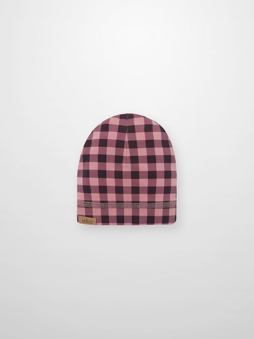 Pink gingham girls beanie by Adee featuring pink and red checks