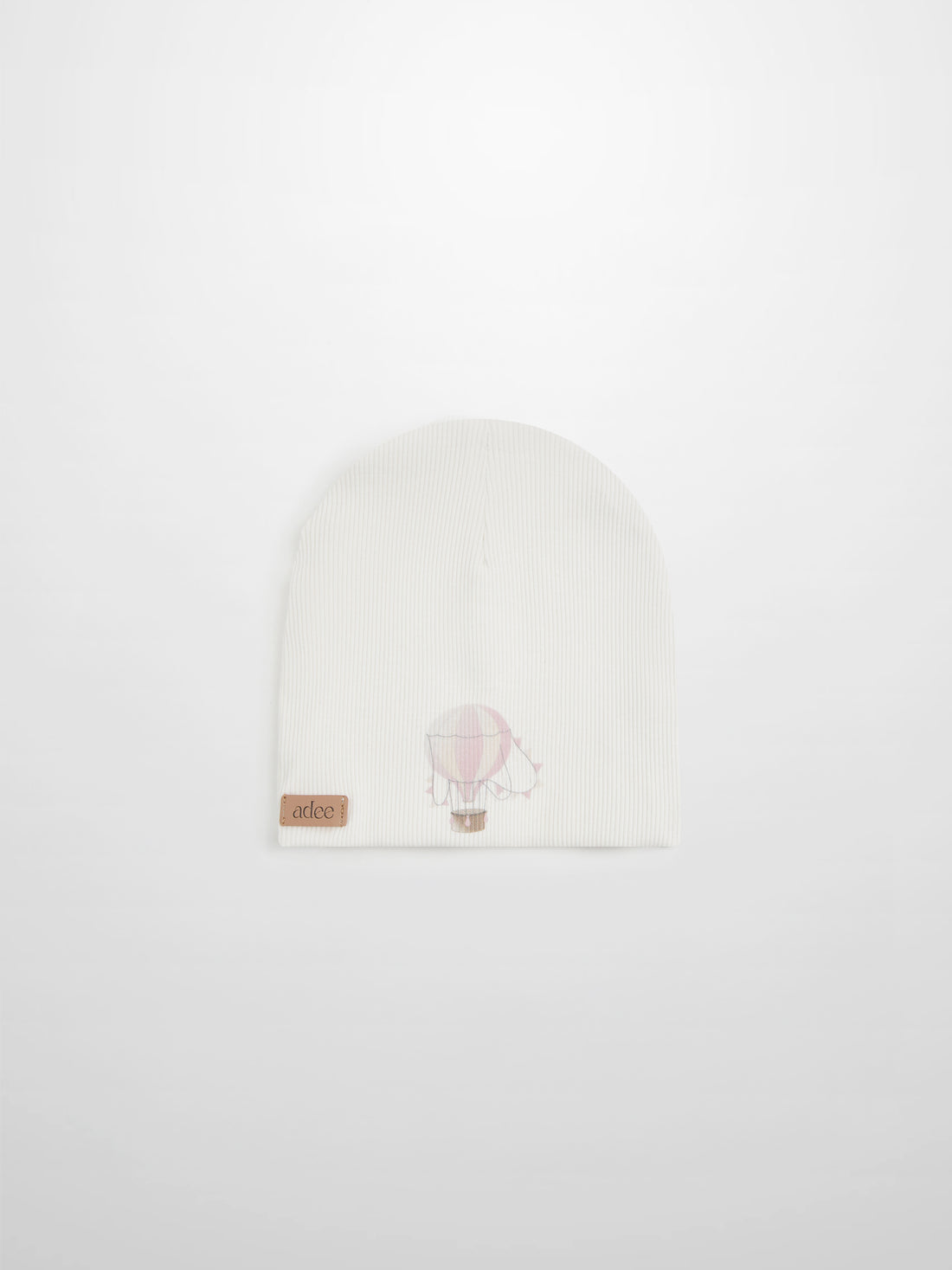 Pink Balloon Beanie for girls by Adee; white ribbed knit with a pale pink balloon graphic.