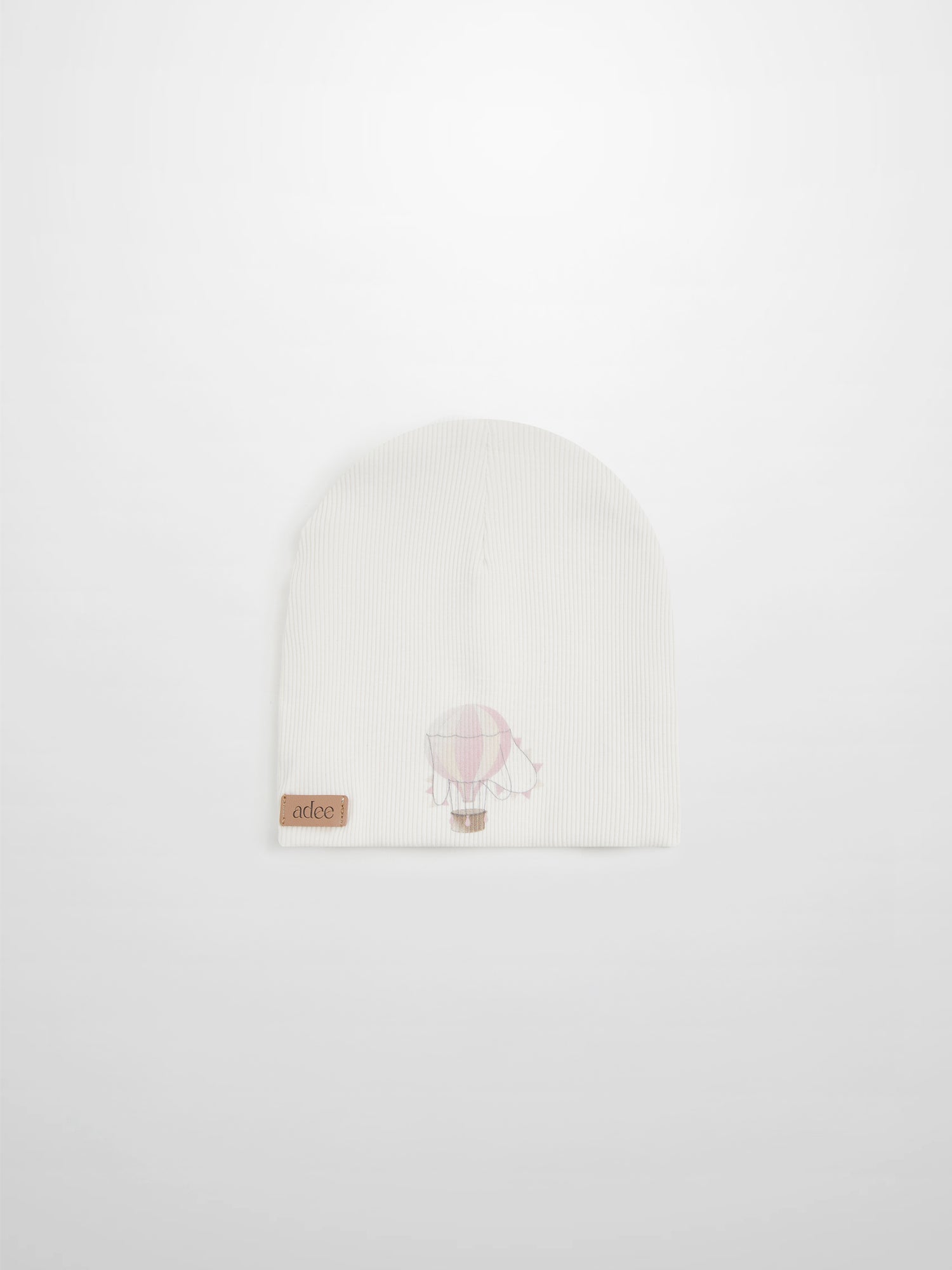 Pink Balloon Beanie for girls by Adee; white ribbed knit with a pale pink balloon graphic.