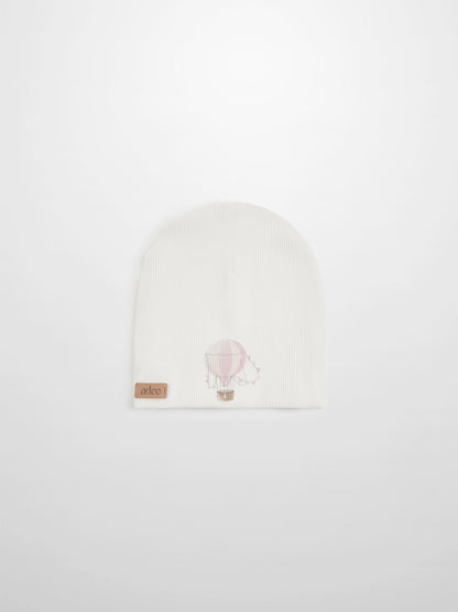 Pink Balloon Beanie for girls by Adee; white ribbed knit with a pale pink balloon graphic.