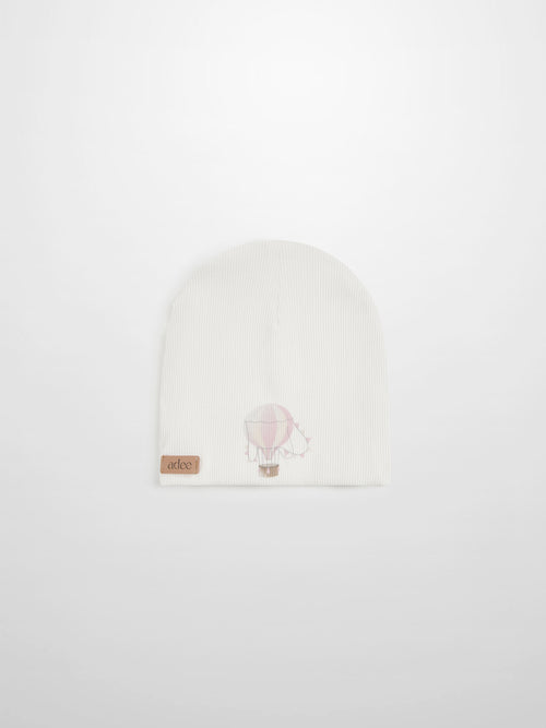 Pink Balloon Beanie for girls by Adee; white ribbed knit with a pale pink balloon graphic.
