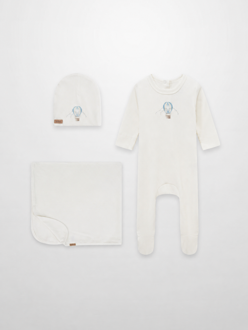 Adee Blue Balloon layette for boys; 3-piece set with white sleeper, hat, and blanket featuring blue balloon motif.