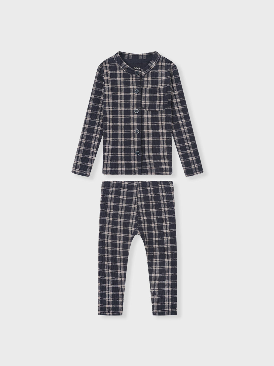 Boys blue plaid pajamas, Adee 2-piece set with button-front top and pants.