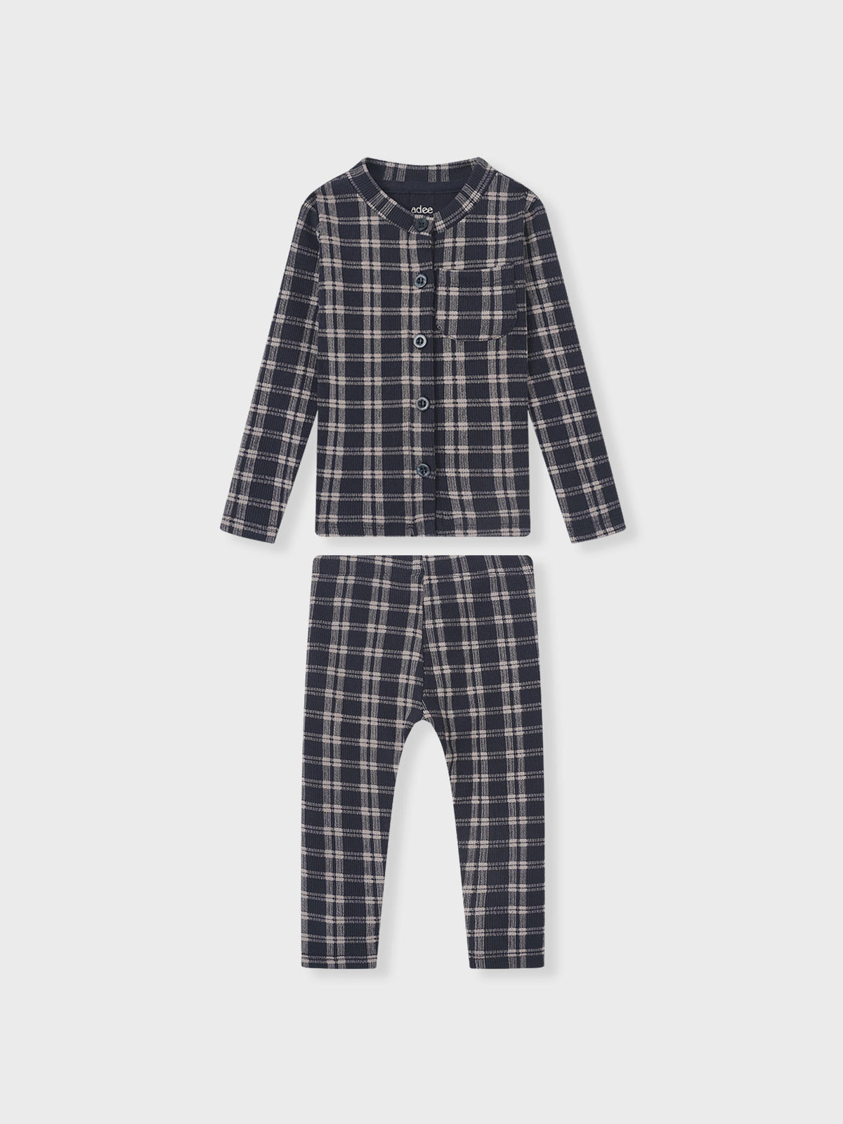 Boys blue plaid pajamas, Adee 2-piece set with button-front top and pants.