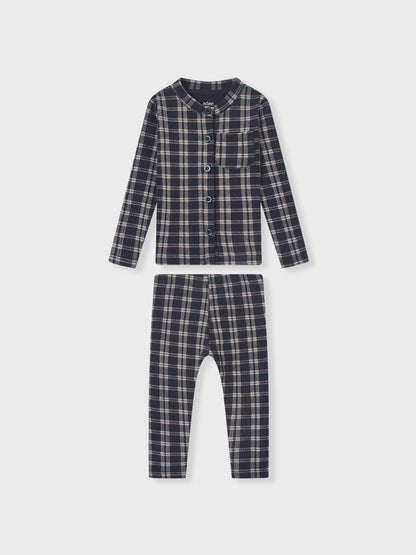 Boys blue plaid pajamas, Adee 2-piece set with button-front top and pants.