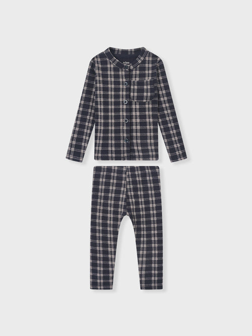 Boys blue plaid pajamas, Adee 2-piece set with button-front top and pants.
