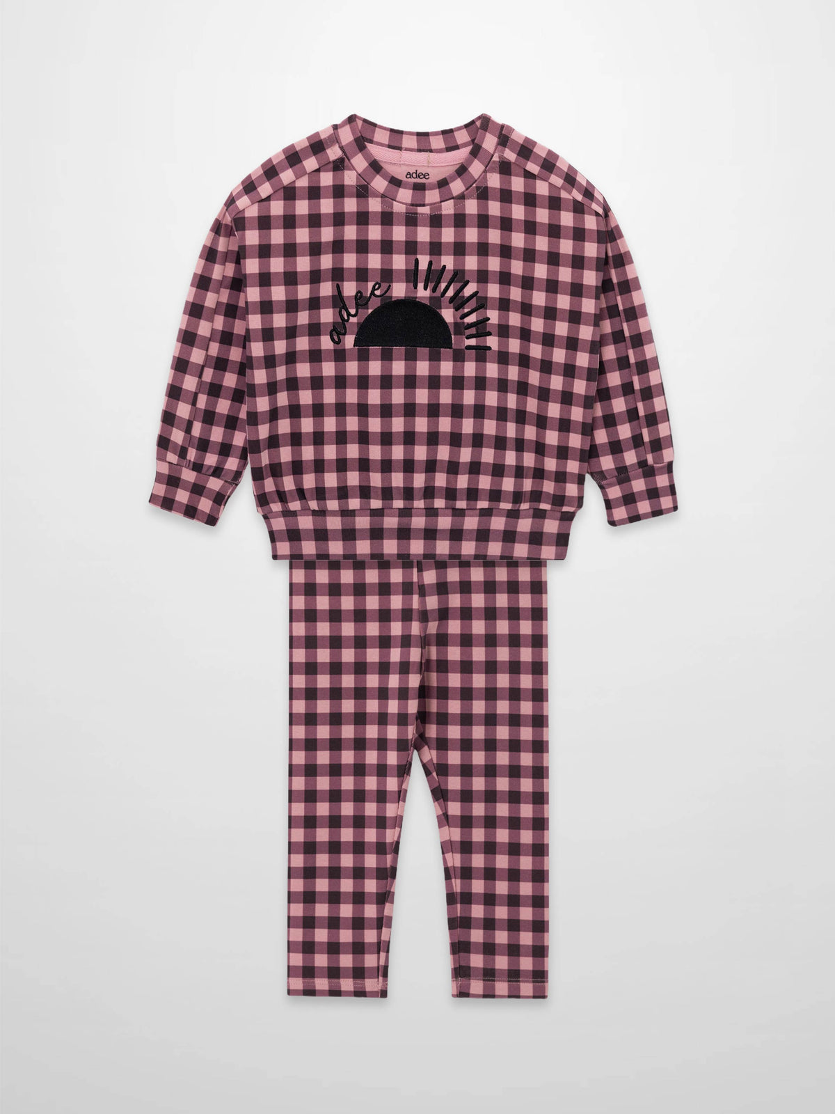 Gingham Pajamas - Burgundy for girls by Adee, pink and burgundy check top with sun graphic and matching pants.