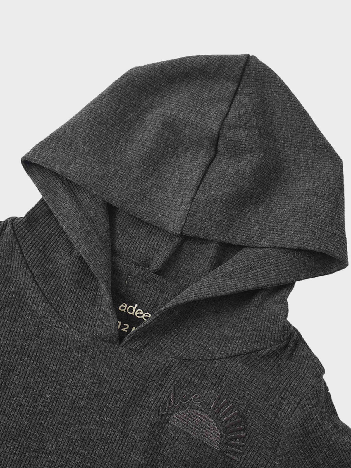 Grey ribbed hooded leggings set for baby and toddler boys, with rising sun embroidery and Adee lettering.