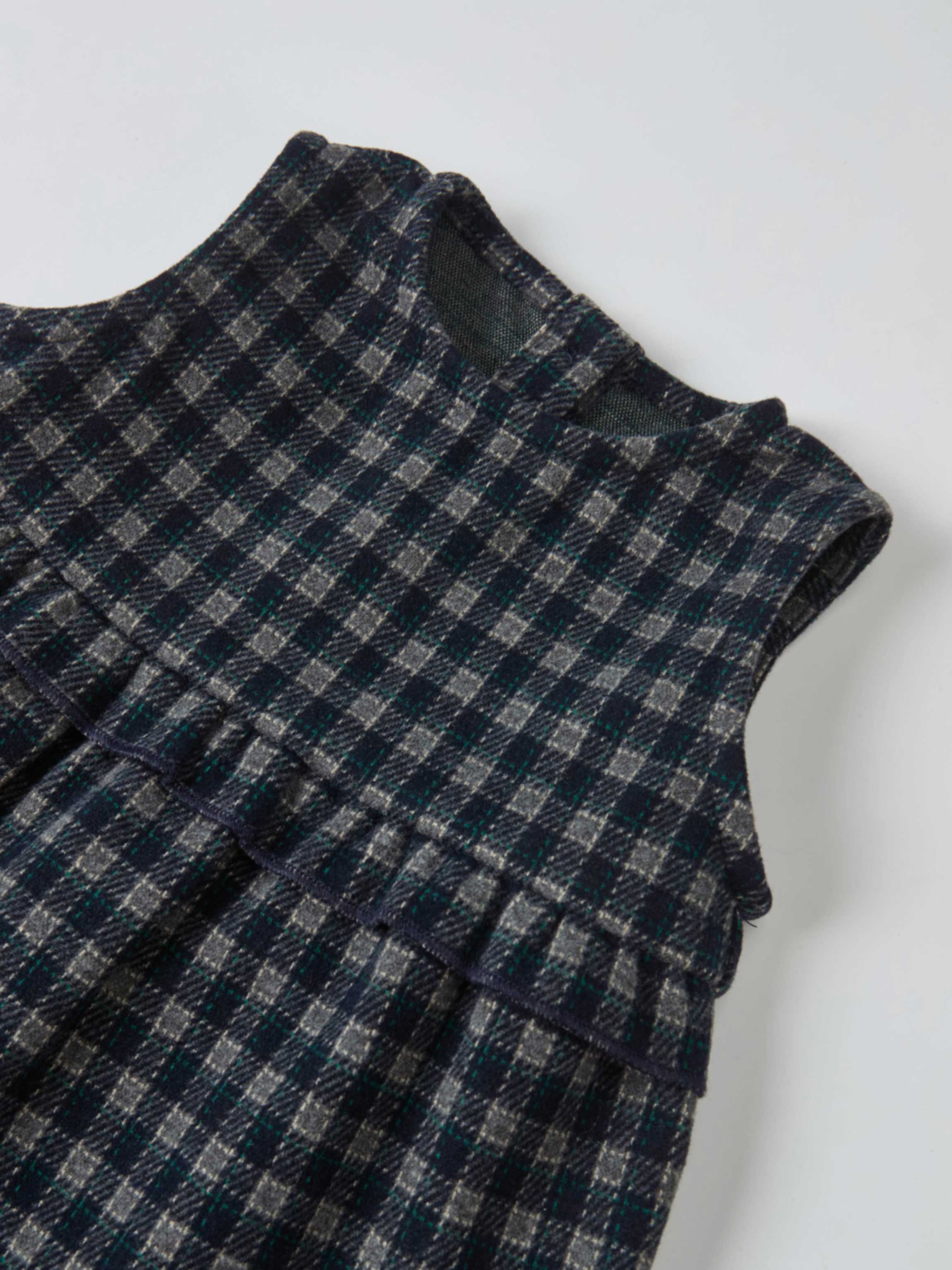 Adee Plaid Overalls with Ruffles - Navy, girls dressy overalls in navy plaid fabric with gray and teal checks
