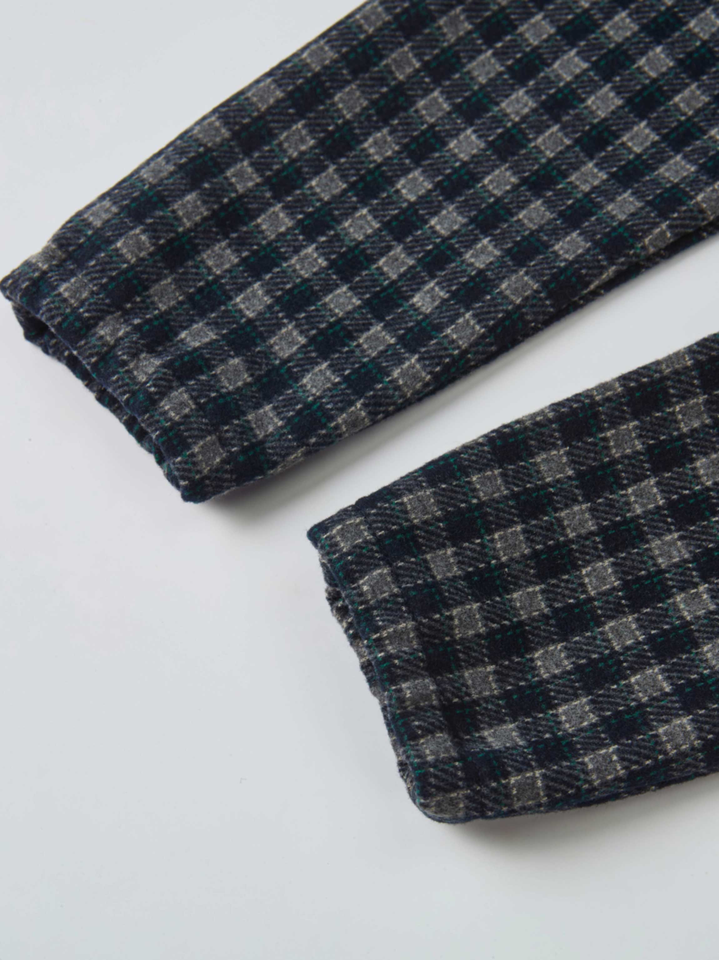 Plaid navy Adee boys dressy overalls fabric close-up