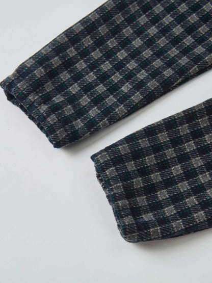 Plaid navy Adee boys dressy overalls fabric close-up