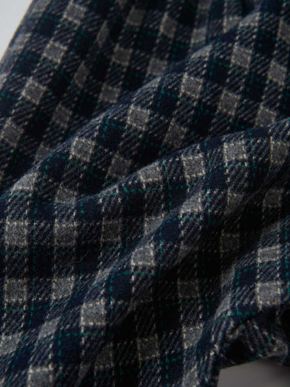 Plaid Overalls for Boys in navy fabric with grey and teal checks