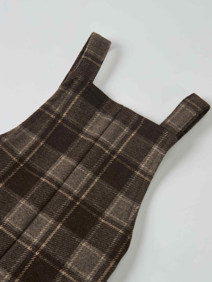 Plaid brown boys overalls dressy with shoulder straps