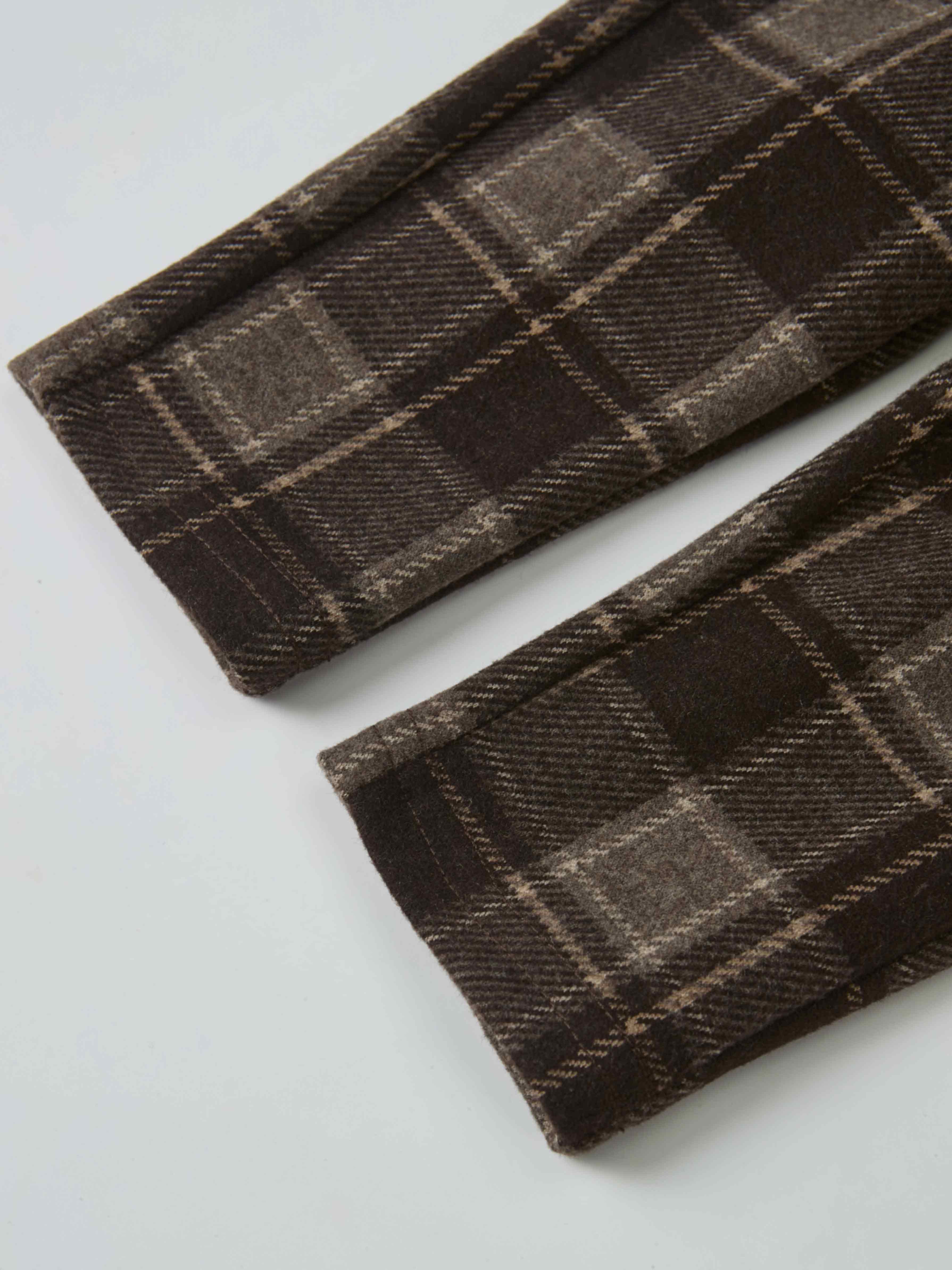 Plaid brown Adee boys dressy overalls fabric close-up