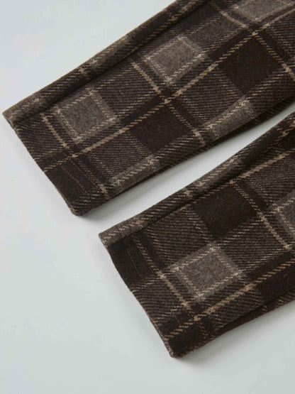 Plaid brown Adee boys dressy overalls fabric close-up